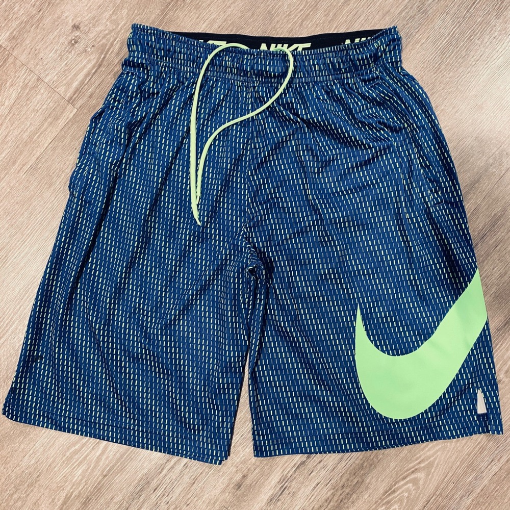 Nike‎ Mens Dri-FIT Basketball Shorts Navy Blue Lime Green Swoosh Large w/Pockets